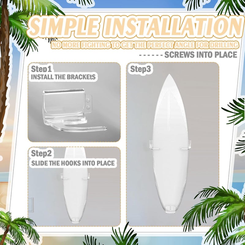 Yousoontic Surfboard Wall Mount Clear Acrylic Surf Board Display Indoor Wall Decor Vertical Surfboard Rack for Shortboards Fish Boards,and Funboards,Holds 50 Lbs - Image 5